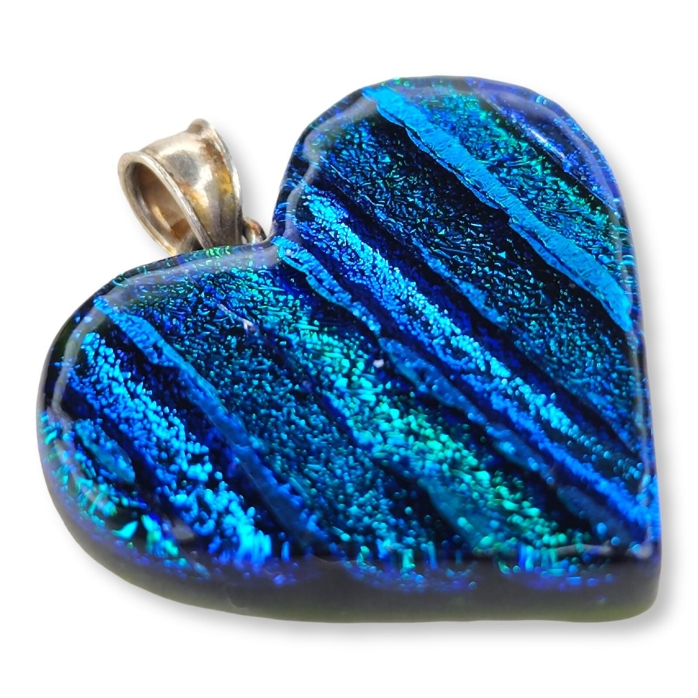 Vintage Cute Heart Shaped Dichroic Glass Pendant Sterling Silver 925 Bail